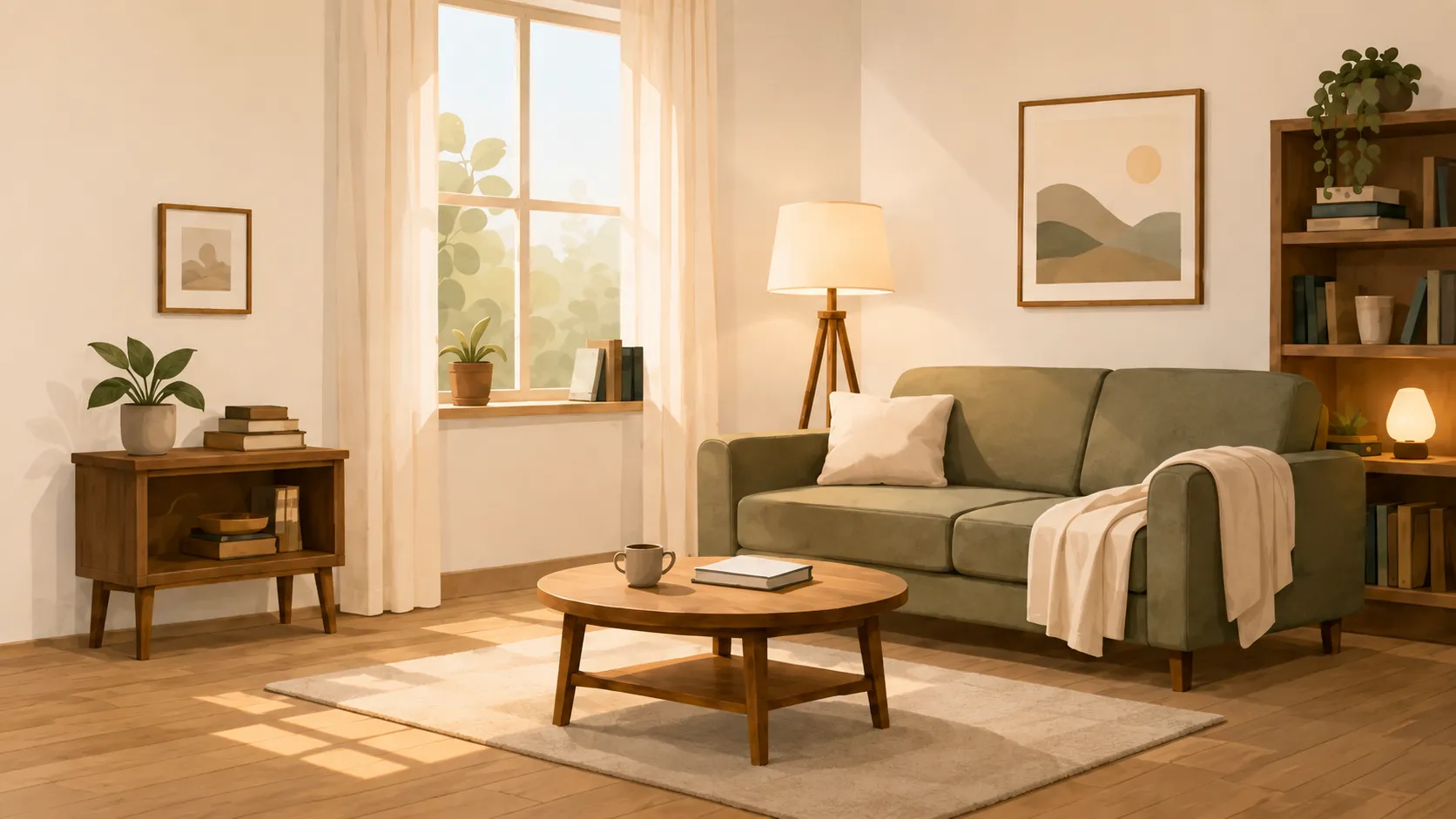 A warm, sunlit living room ready to be inhabited