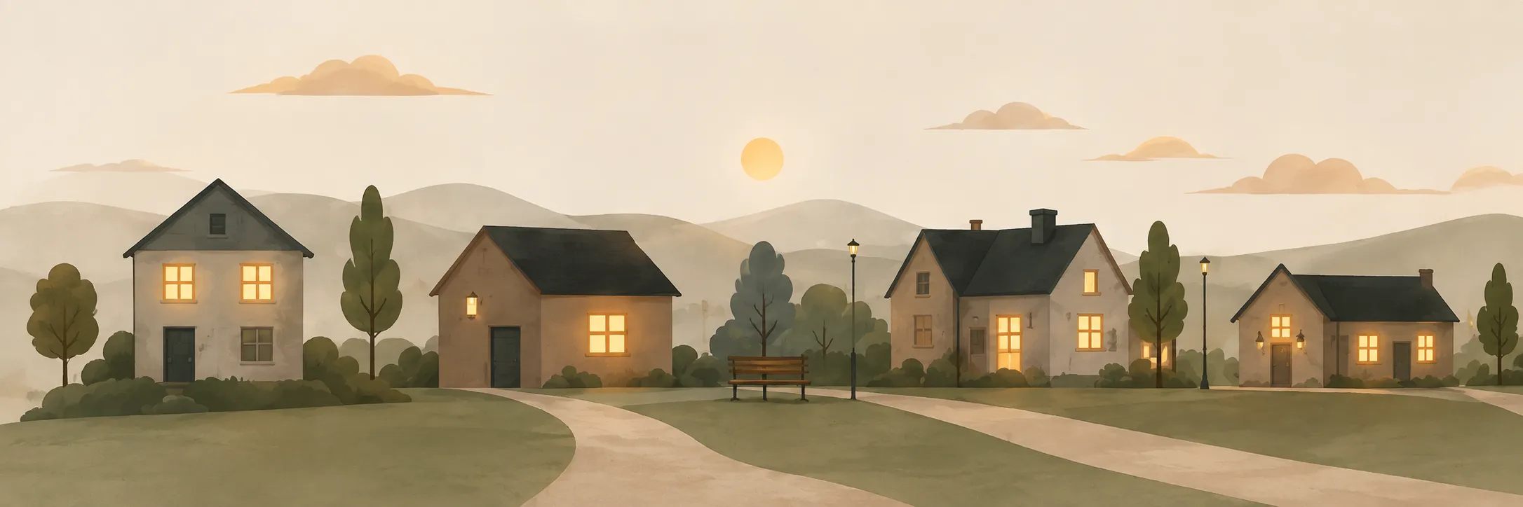 A persistent village whose homes glow into the evening